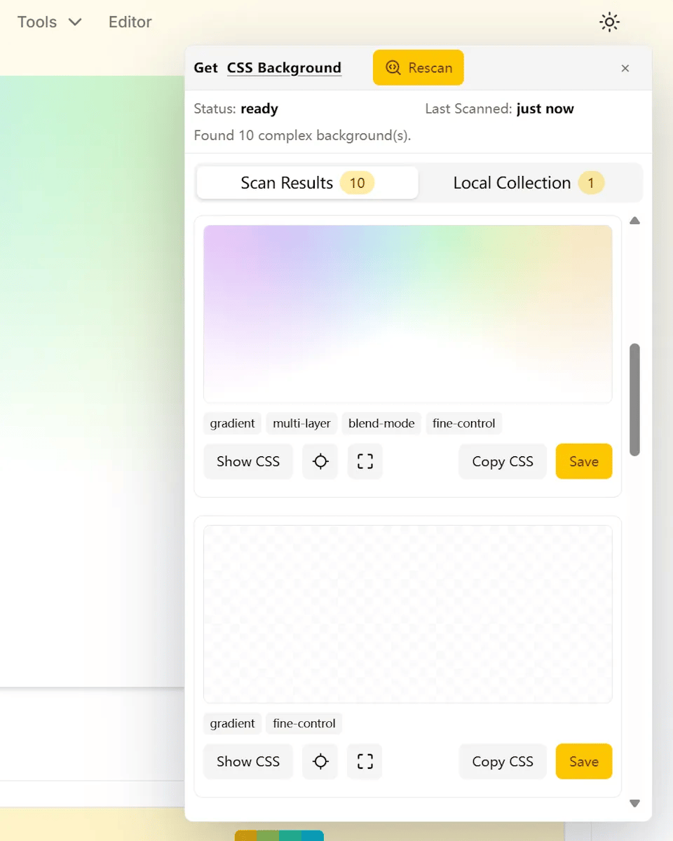 Extension panel showing scanned CSS background results and preview cards.