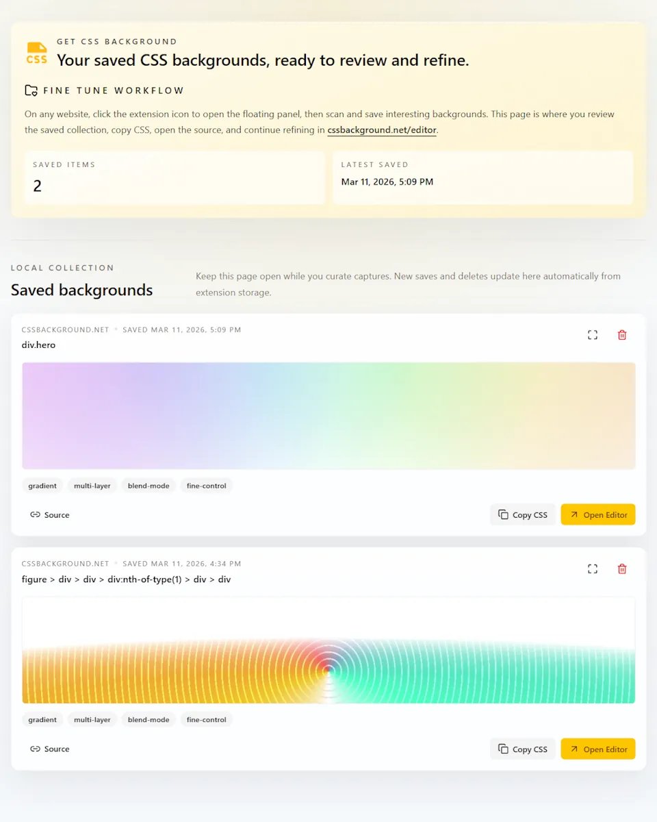 Extension collection view showing saved CSS background captures stored locally.
